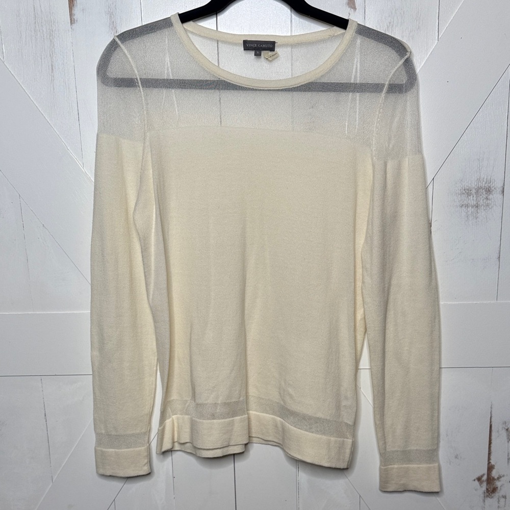 Vince Camuto Cream Lightweight Sheer Neckline and Hem Sweater
